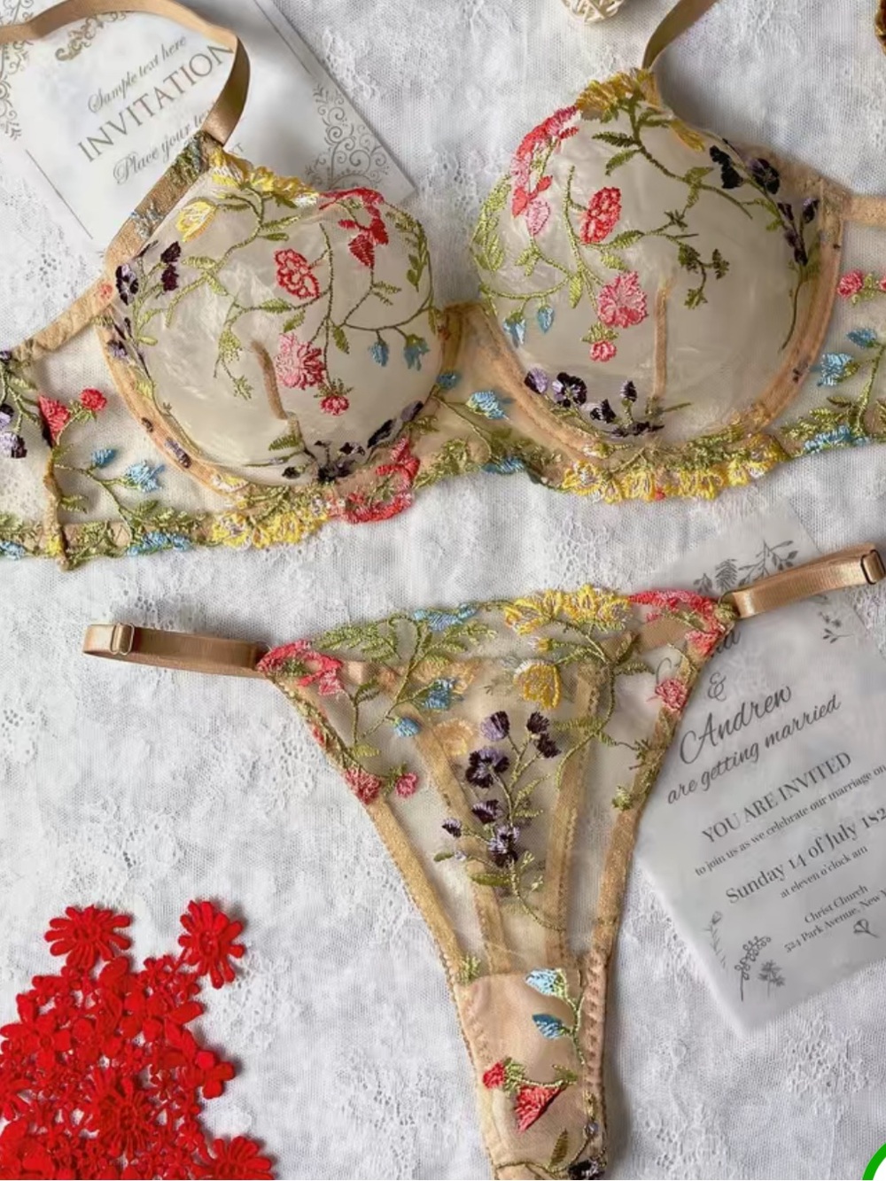 Sheer Floral Embroidered Bralette & Thong Set - Beige/Yellow, Size Medium, NWT - Picture 6 of 7